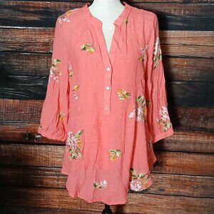 NWT Hope Springs Tunic Top L Coral Pink Floral Embroidered Tank Liner 3/4 Sleeve